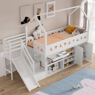 Flieks Etagenbett 90x200cm mit Rutsche, Kinderbett Hausbett mit Lattenrost, Hochbett mit Treppe und Stauraum, Holzbett Einzelbett Stockbett, Weiß - Weiß
