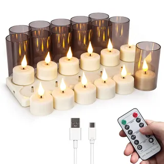 yunsheng Wiederaufladbare flammenlose Teelichter Kerzen mit Fernbedienung Timer & Ladestation, 12Stk Aufladbar batteriebetriebene LED Elektrische kerzen Flackern für Haus Kerzenhalter Dekoration