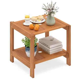 COSTWAY Beistelltisch Holz, Gartentisch mit Schirmloch & Ablagefach, Holztisch, Kleiner Balkontisch, Kaffeetisch für Garten, Balkon, 51 x 48 x 45 cm - Naturbelassen