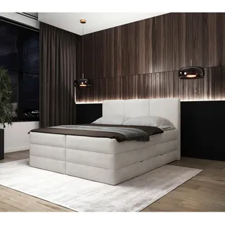 Mid.you Boxspringbett , Weiß , Holz, Textil, Holzwerkstoff , H2 + H3 , Höhe ca. 19 cm , 180x200 cm , Bettkasten, gepolstertes Kopfteil, Topper durchgehend, Wendematratze mit unterschiedlichen Härtegraden, Matratze geteilt , Holzmöbel, Holzbetten, Boxspringbetten Holz