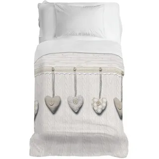 PENSIERI DELICATI Tagesdecke 220 x 280 cm, Einzeltuch 100% Baumwolle Pique, Ideal Zum Thema Wohnen, Decke Salva Bett Einzelnes Maxi, Fantasie Hängendes Herz Beige, 100% Made in Italy