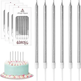 DONQL Geburtstagskerzen Für Torte, 24 Stücke Dünne Lange Silber Geburtstagskerze Mit Haltern Für Geburtstagskerzen Kinder & Erwachsene Für Dekorative Geburtstagstorte, Babyparty, Mädchenparty (Silber)