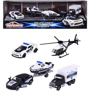 Majorette - Police Force Polizei-Fahrzeuge - Geschenk-Set mit 4 Spielzeugautos für Kinder ab 3 Jahren, Polizeiauto, Polizei-LKW, Polizei-Hubschrauber & Polizei-Anhänger mit Boot