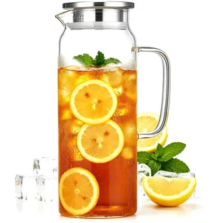 Glaskaraffe 2 Liter, Wasserkaraffe mit Edelstahl Deckel, Karaffe Glas für Kühlschranktür, Hitzebeständig Wasserkocher, Wasserkrug Quadratischer für Kaltes Heißes Saft Milch DIY Getränke Eistee Wein