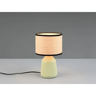 LED Tischlampe mit Keramikfuß Grün, Lampenschirm Papier geflochten, 26,5cm klein