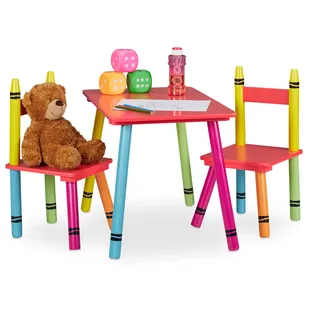 Relaxdays Kindersitzgruppe mit 2 Stühlen Kiefer bunt