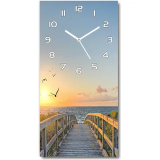 Wanduhr aus Glas – 30x60 cm - Glasbild - Glasuhr - Gehärtetes Glas -Weg zum Strand - Orange
