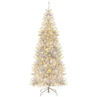 Costway Bleistift Weihnachtsbaum Lametta, künstlicher Tannenbaum mit warmweißen LED-Leuchten & Metallständer, schlanker Christbaum PVC, Kunstbaum Weihnachten Büro Zuhause Geschäfte, Silber Kunststoff, 180 cm
