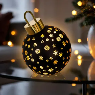 LED Weihnachtskugel zum Stellen matt schwarz mit Timer Batterie betrieben - 15 cm - Glas Kugel warm weiß beleuchtet 1 Stück Zufallsmotiv - Gold