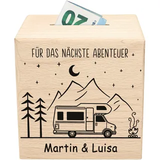 Wohnmobil Spardose personalisiert mit Namen Wohnwagen Geldgeschenk Reisekasse Camping Geschenkidee aus Holz