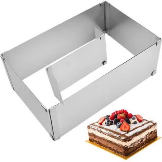 Fodlon Backrahmen Rechteckig Verstellbar, 10cm Hoch Quadratische Kuchenform, Tortenring Eckig Verstellbar, B 18-34cm x L 28-53cm, Edelstahl Backform Rechteckig für Mousses, Kuchen