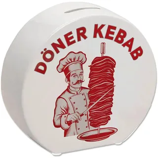 Döner Kebab Logo Trinkgeld Spardose Die perfekte Dönerkasse für Ihren Dönerladen witziges Design mit Koch und Schnurrbart Rot-Weiß mit Fleischspieß-Dekor
