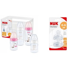 NUK First Choice+ Babyflaschen Starter Set | 0–6 Monate | 4 Flaschen mit Temperature Control & Flaschenbox | BPA-frei | 5-teilig | rosa & First Choice+ Anti-Colic-Trinksauger Silikon