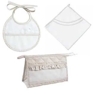 Filet - Besticktes Badezimmer-Set, Badetuch in Dreiecksform, Kosmetiktasche mit Reißverschluss, Lätzchen, Originelle Geschenkidee für Neugeborene, Made in Italy, Farbe Taupe