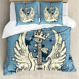 ABAKUHAUS Gitarre Bettbezug, Rock 'n' Roll-Retro Schmutz, Milbensicher Allergiker geeignet mit Kissenbezügen, 155 cm x 220 cm - 80 x 80 cm, Blassblau Schwarz Elfenbein - Schwarz