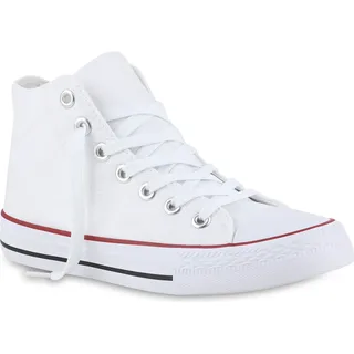 VAN HILL Damen Sneaker High Schnürer Bequeme Freizeit Stoff Schuhe 841313, Farbe: Weiß Rot, Größe: 36 - Weiß