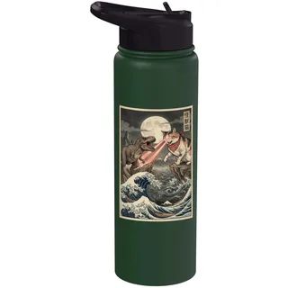 Cat vs T-Rex Japanische Great Wave Japan Manga Art Stainless Steel Insulated Water Bottle
