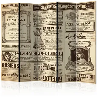 artgeist Paravent , Dunkelbraun, Beige , Holz, Textil , Kiefer , massiv , Vintage , 225x172x3 cm , Motiv auf Vorder- und Rückseite , Wohnzimmer, Raumteiler, Paravents