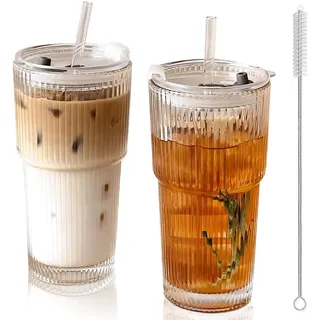 hosck 2 Stück 600ml Gerippte Glasbecher mit Deckel und Strohhalm, Smoothie Becher, Eiskaffee Gläser, Glas mit Deckel und Strohhalm, Spülmaschinenfeste Tassen, Trinkgläser für Kaffee, Tee, Saft