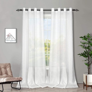 Melodieux Gardinen Weiß Transparent Leinen Optik Vorhänge mit Ösen für Wohnzimmer Schlafzimmer, 2er Set 175x140cm