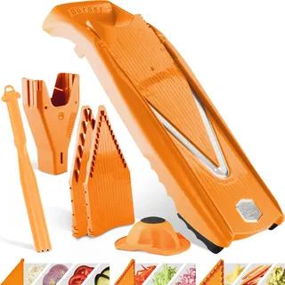 Börner V5 PowerLine Gemüsehobel - Plus Set - Mit Schäler - Orange | Mit extra Zubehör - Für Scheiben, Streifen & Würfel - Edelstahl V-Klinge - Verstellbarer Hobel - Made in Germany