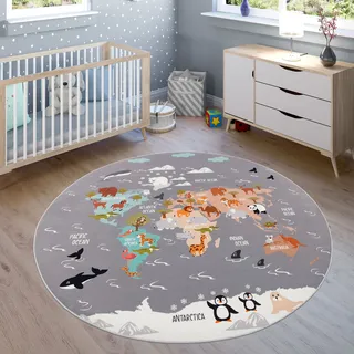 Paco Home "Bino 581", rund 4 mm Höhe Spielteppich, Motiv Weltkarte & Tiere, Kinderzimmer,