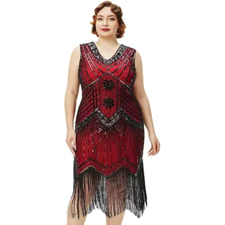 BABEYOND Damen Flapperkleid, Übergröße, 1920er-Jahre, V-Ausschnitt, Perlen, Fransen, tolles Gatsby-Kleid, Rot/Ausflug, einfarbig (Getaway Solids), 3X-Groß