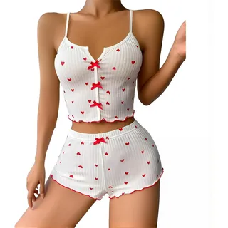 BAUCH Damen Pyjama Set, 2-teilig (Camisole + Shorts), Weiß mit roten Herzen & Schleifen, V-Ausschnitt, weich & bequem – für Nachtwäsche, Valentinstag & zu Hause, Größe S