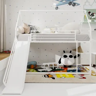 Sweiko Twin über Twin Etagenbett mit Rutsche für Kinder Schlafzimmer, Haus geformt Bettgestell w / Leiter, kein Boxspring benötigt & einfach zu montieren