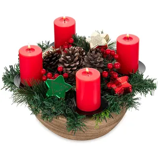 Hanobe Adventskranz Holz für Weihnachtsdeko Adventsgesteck: Rund Adventskerzenhalter mit 4 Kerzenständer für Adventsgestecke Deko - Klein Adventsschale Kerzenhalter für Weihnachten Adventsdeko