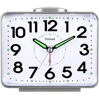 Tinload Analog Seniorenwecker mit Nachtlicht, 4 Zoll großes Zifferblatt, Tischuhr mit Schlummerfunktion, laut, ansteigendem 3-stufigem Glockenton, Batteriebetrieben (Silber-C)