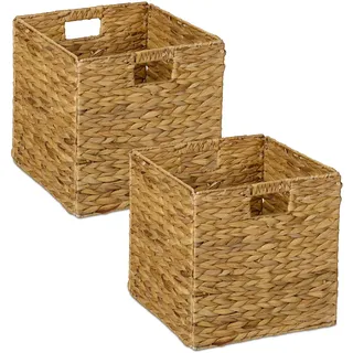 Relaxdays Aufbewahrungskorb, 2er Set, Wasserhyazinthe, Kleidung, Spielzeug, 30x30x30 cm, geflochtener Regalkorb, Natur
