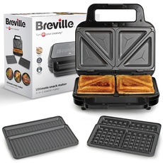 Breville 3-in-1 Ultimativer Sandwichmaker | Extra tiefe Platten für Sandwiches, Waffeln & Paninis | Herausnehmbare Platten mit Antihaftbeschichtung | Schwarz & Edelstahl [VST098X] | EU-Stecker