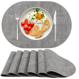 Platzsets Abwaschbar Tischsets 6er Set PU-Leder, Hitzebeständig, rutschfest, Platzset für Esstisch, Küche Oval Grau