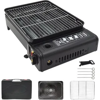 Portable Gasgrill-Set für Camping - Gasgrill mit Grillrost und Pfanne für unterwegs - Schwarz