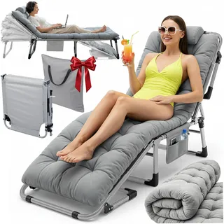 Sofotel Klappbares Gästebett und Sonnenliege mit Matratze und Kissen - 5-stufig verstellbare Gartenliege - für Schlaf und Entspannung - 193 x 67 x 40-75,5 cm - für Camping, Garten und Gäste - Grau