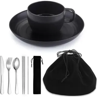 Camping Essentials Set, Homquen Teller Schalen Kaffeetasse, Reise -Besteckset umfassen Löffel, Gabel, Messerarbeiten, Outdoor, Picknick, Camp (schwarz