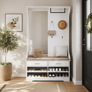 INONEFT Flurgarderobe mit Spiegel, Garderobenschrank flur mit Haken und Garderobenstange, 2 Schubladen, Garderobenset mit Schuhschrank, 104x35x180 cm - Weiß