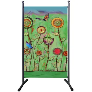 Paravent Raumteiler, 180 x 78 cm, Grüne Blumen, Sichtschutz für Balkon und Garten