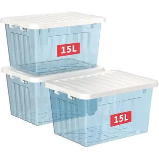 Cetomo 15L*3 Kunststoff-Aufbewahrungsbox Transparent Blau Box mit haltbarem Deckel und Sicherheitsverschluss stapelbar und verschachtelbar 3-Packs mit Verschluss