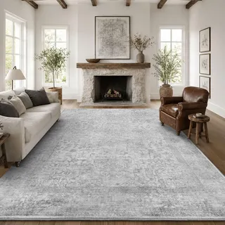 Sour Lemon Vintage Teppich Wohnzimmer 160X230cm Grau Orientalischer Carpet | Persischer Rug Retro Boho Kurzflor Flauschig Waschbar Großer Teppiche Gegend Modern Rutschmatte für Schlafzimmer Esszimmer