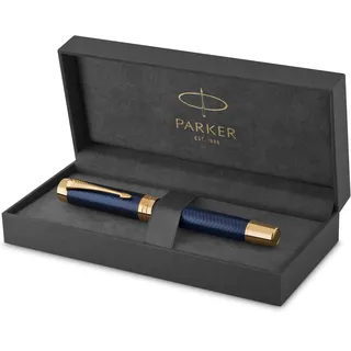 Parker Duofold Prestige Füller | Blue Chevron | Größe Centennial | Füllfederhalter mit feiner Feder aus Massivgold | schwarze Tinte und Konverter | Geschenkbox