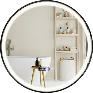 COSTWAY Beleuchteter Badezimmerspiegel, hochauflösender, bruchsicherer Wandspiegel mit 3-farbigem LED-Licht, Memory-Funktion & Antibeschlagfunktion, runder Kosmetikspiegel für Badezimmer - Silber