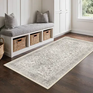 GENIMO Orientalisch Vintage Läufer Taupe Beige Waschbar 80x150 cm | Helles orientalisches Medaillonmuster in Taupe und Beige, waschbar, pflegeleicht und rutschhemmend – für Flur und Bettseite.
