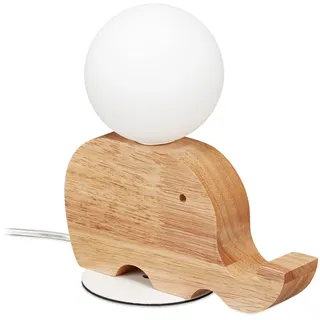 Relaxdays Nachttischlampe Kinder, Babyzimmer, G9 7W, Deko Holzelefant, Glaskugel, Tischlampe, 21x20x10 cm, natur/weiß