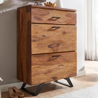 WOHNLING Kommode 80x120x41,5 cm Sheesham Massivholz / Metall Flurkommode Sideboard Highboard mit Baumkante Kommodenschrank Holz Modern Standschrank - Braun