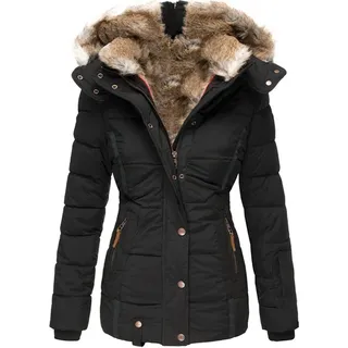 Damen Mantel Winterjacke Steppjacke mit Abnehmbarem Kapuzenmantel mit Reißverschluss Softshelljacke Fell Kragen Trenchcoat - Schwarz