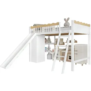 Stilvora Hochbett 90/200 cm in Weiß & Natur Kinderbett mit Rutsche, Kleiderschrank und Ablageschrank , Weiß, Naturfarben , Holzwerkstoff , 90x200 cm , Babymöbel & Kindermöbel, Kinderzimmer & Jugendzimmer, Kinderbetten, Hochbetten