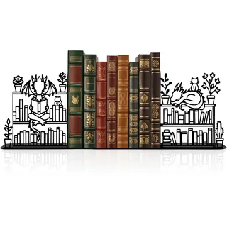 Dekorative Buchstütze aus Metall, Drache, 22,9 x 12,9 cm, einzigartige Drachen-Buchstützen, dekorativ, Fantasy-Drachen-Dekor, niedliche und Fantasie-Buchstützen mit Drachen und Katze, die auf dem