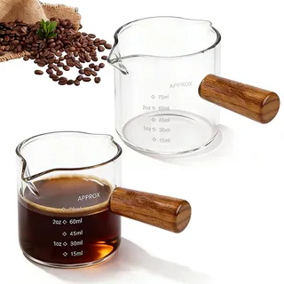 GZYYANG 2 Stück Espresso Messbecher Glas mit Holzgriff, 75ml V-förmiger Doppelausgießer, Klarglas Milchaufschäumkännchen, Klein Coffee Measuring Cup mit Skala Glas Espresso Zubehör